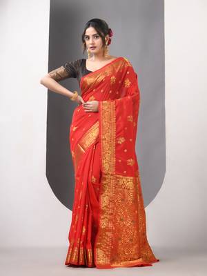 Red floral motifs silk saree with zari borders 1