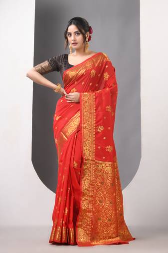 Red floral motifs silk saree with zari borders