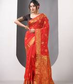 Red floral motifs silk saree with zari borders