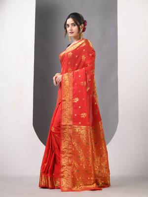 Red floral motifs silk saree with zari borders 2
