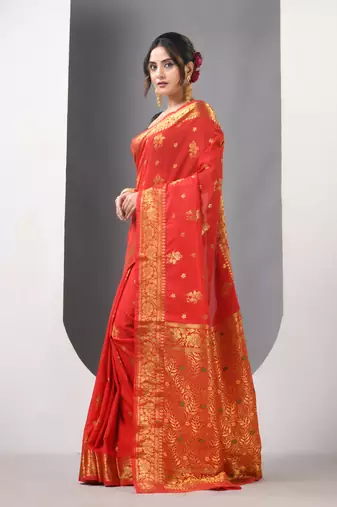 Red floral motifs silk saree with zari borders