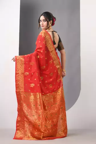 Red floral motifs silk saree with zari borders