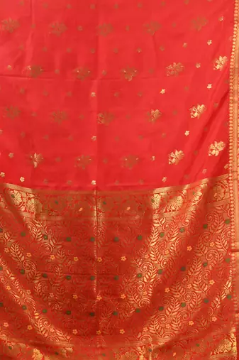 Red floral motifs silk saree with zari borders
