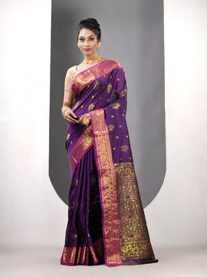 Violet floral motifs silk saree with zari borders 1