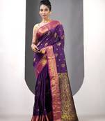 Violet floral motifs silk saree with zari borders
