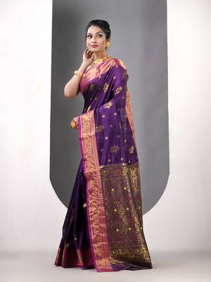Violet floral motifs silk saree with zari borders 2