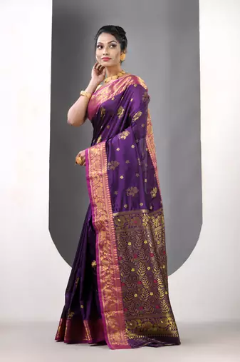 Violet floral motifs silk saree with zari borders