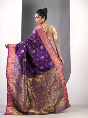 Violet floral motifs silk saree with zari borders 3