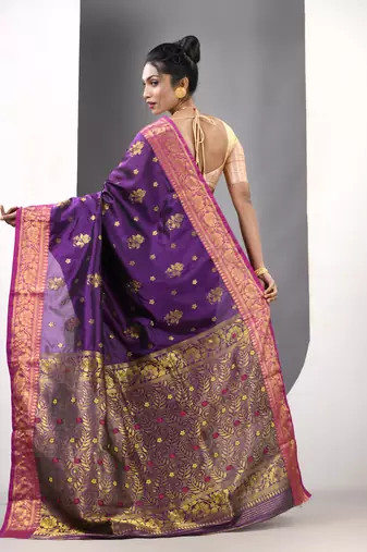Violet floral motifs silk saree with zari borders