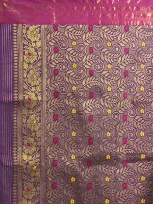 Violet floral motifs silk saree with zari borders 4