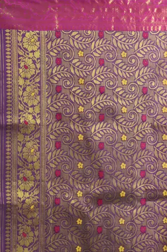 Violet floral motifs silk saree with zari borders