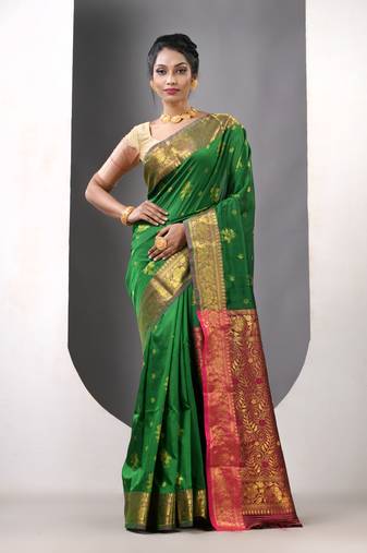 Green floral motifs silk saree with zari borders