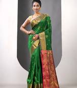 Green floral motifs silk saree with zari borders