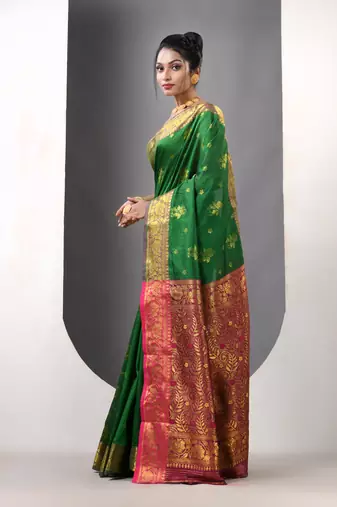 Green floral motifs silk saree with zari borders