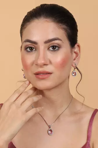 American diamond crystal pink pendant set for daily wear -  classy & timeless look