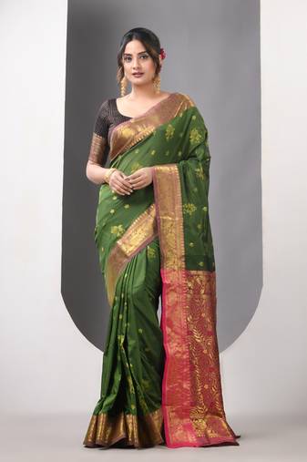 Sap green floral motifs silk saree with zari borders