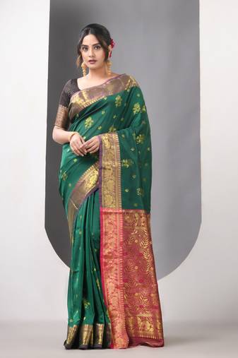 Green floral motifs silk saree with zari borders