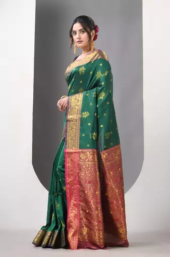 Green floral motifs silk saree with zari borders