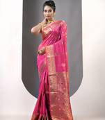 Pink floral motifs silk saree with zari borders