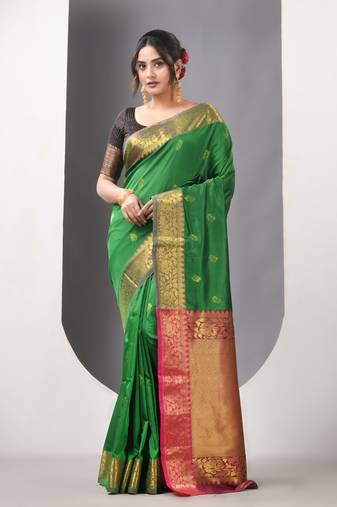Green floral motifs silk saree with zari borders