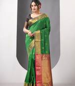 Green floral motifs silk saree with zari borders
