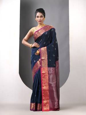 Navy blue floral motifs silk saree with zari borders 1