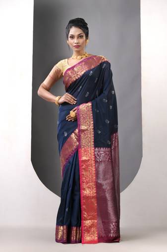 Navy blue floral motifs silk saree with zari borders