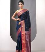 Navy blue floral motifs silk saree with zari borders