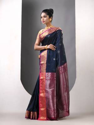 Navy blue floral motifs silk saree with zari borders 2