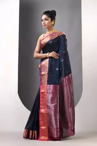 Navy blue floral motifs silk saree with zari borders
