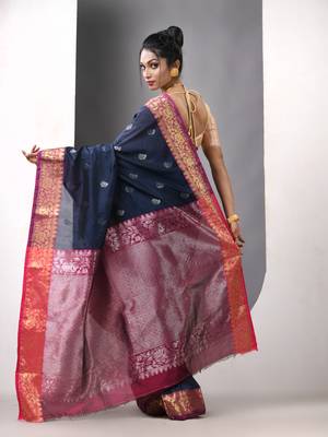 Navy blue floral motifs silk saree with zari borders 3
