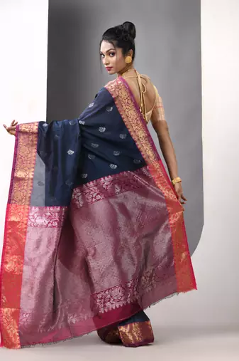 Navy blue floral motifs silk saree with zari borders