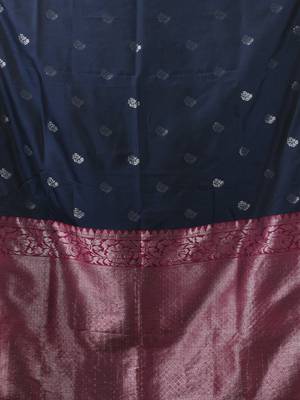 Navy blue floral motifs silk saree with zari borders 4