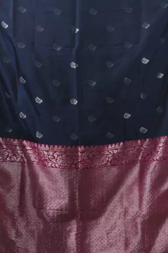 Navy blue floral motifs silk saree with zari borders
