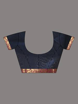 Navy blue floral motifs silk saree with zari borders 5