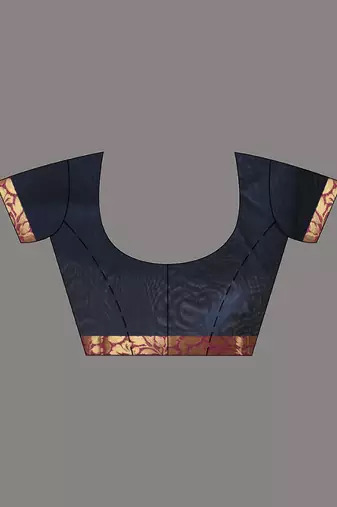 Navy blue floral motifs silk saree with zari borders