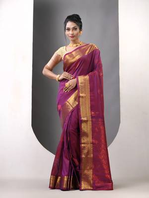Purple ethnic motifs katan silk saree with zari borders 1