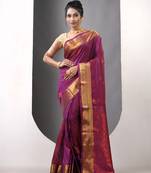 Purple ethnic motifs katan silk saree with zari borders