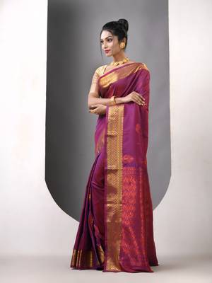 Purple ethnic motifs katan silk saree with zari borders 3