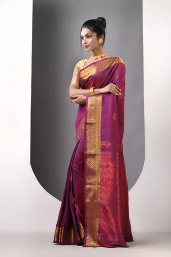 Purple ethnic motifs katan silk saree with zari borders