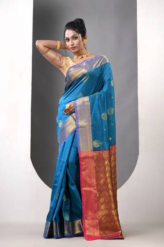Sky blue ethnic motifs katan silk saree with zari borders