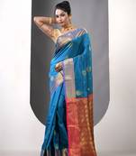 Sky blue ethnic motifs katan silk saree with zari borders
