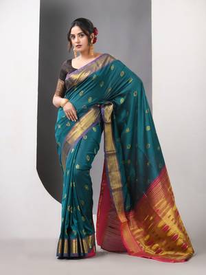 Teal ethnic motifs paithani silk saree with zari borders 1