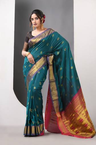 Teal ethnic motifs paithani silk saree with zari borders
