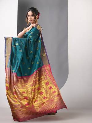 Teal ethnic motifs paithani silk saree with zari borders 2