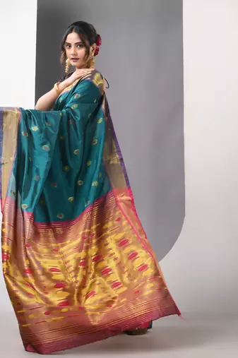 Teal ethnic motifs paithani silk saree with zari borders