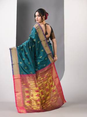 Teal ethnic motifs paithani silk saree with zari borders 3