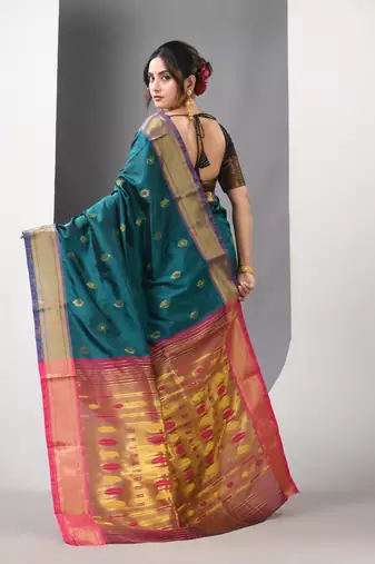 Teal ethnic motifs paithani silk saree with zari borders
