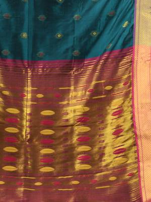 Teal ethnic motifs paithani silk saree with zari borders 4