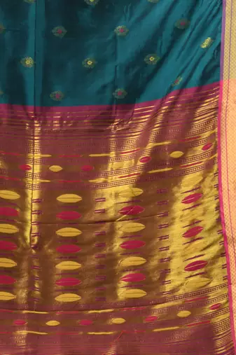 Teal ethnic motifs paithani silk saree with zari borders